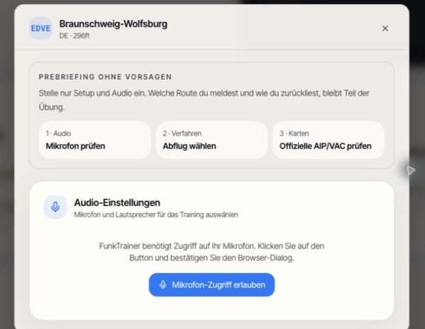 Bereinigter FlyTalk-Produktausschnitt mit dem Vorbereitungsdialog für ein Funktraining am Flughafen Braunschweig-Wolfsburg.